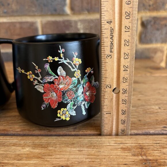 Black Floral Mugs Simulated Mother Of Pearl Inlay Floral Korean Printed Set Of 2 - Picture 6 of 11